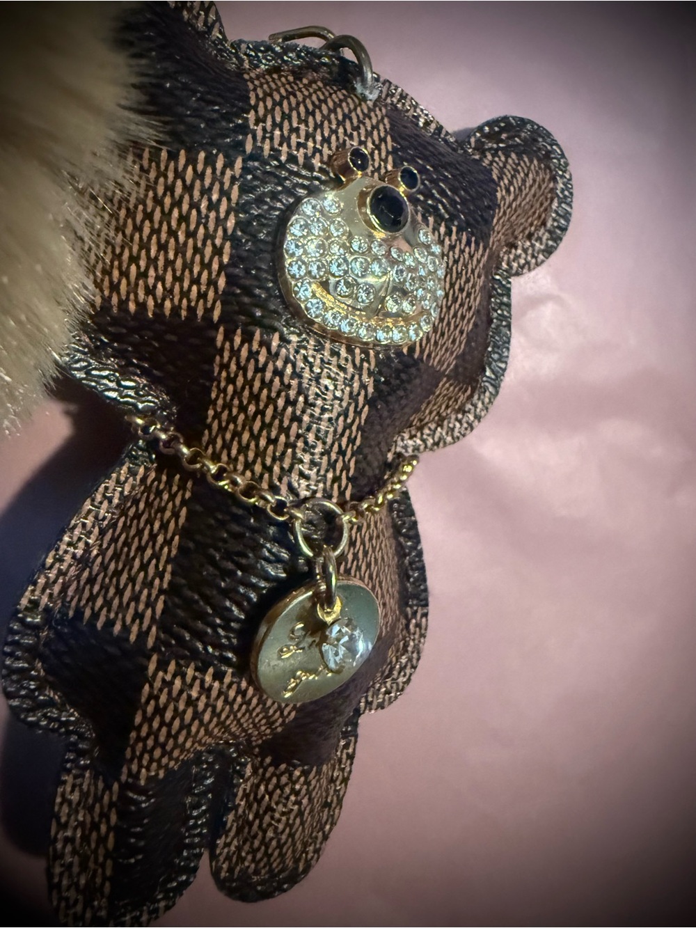 Faux Leather Checkered Bear Pom-Pom Keychain - Picture 2 of 4